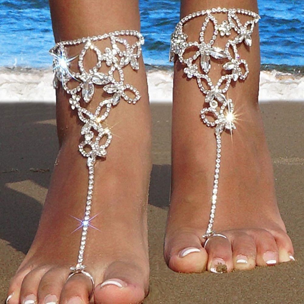 Silver & Diamond Austrian Crystal Butterfly Flower Anklet Foot Chains Set of 2